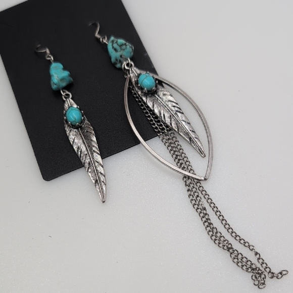 Luxe Silvertone Earring Bundle: Artisan, Feather & Turquoise Set Of Three Pair - Picture 3 of 6